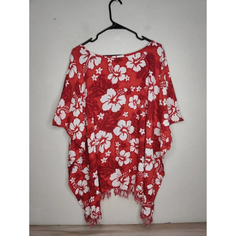 Koko Knot Pullover Swimsuit Cover Up One Size Red Hawaiian Fringe Hem Floral